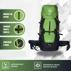 Aerofit 60L Rucksack with Multi-Pocket Design & Laptop Compartment, ideal for Hiking - Green