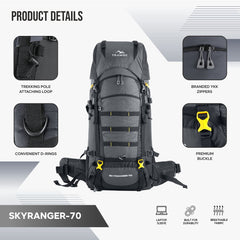 Skyranger 70 L Rucksack for Hiking & Travel with Ergonomic Shoulder Straps & Internal metal frame - Grey