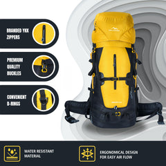 Aerofit 60L Rucksack with Multi-Pocket Design & Laptop Compartment, ideal for Hiking - Yellow