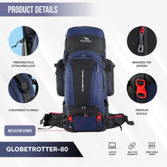 Globetrotter 80 L Trekking Bag with Rain Cover, Shoe section & internal metal frame - Navyblue