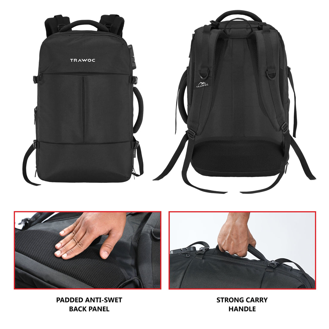 TPB01- 45L Laptop Bag with Anti-Theft Lock, Expandable Storage, USB Charging, Suitcase-Style Opening - Black