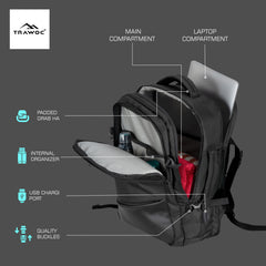 TPB02 - 25L Laptop Backpack with USB Charging Port for Men & Women-Black