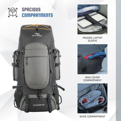 WILDQUEST 50L Travel Backpack with Laptop Compartment, Rain Cover, Shoe Compartment-grey