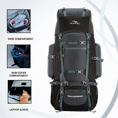 Trailmaster 80L Backpack for Hiking & Travel with Laptop Compartment & Multi-Pocket Design - Grey