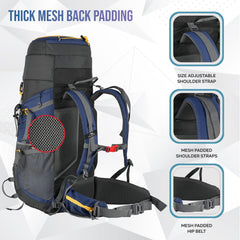 Aerostrike 70L Trekking Bag with Laptop Compartment & Rain Cover, ideal for Hiking - Navy Blue