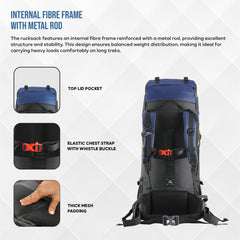 Skyranger 70 L Rucksack for Hiking & Travel with Ergonomic Shoulder Straps & Internal metal frame - NavyBlue