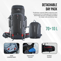 Globetrotter 80 L Trekking Bag with Rain Cover, Shoe section & internal metal frame - Grey