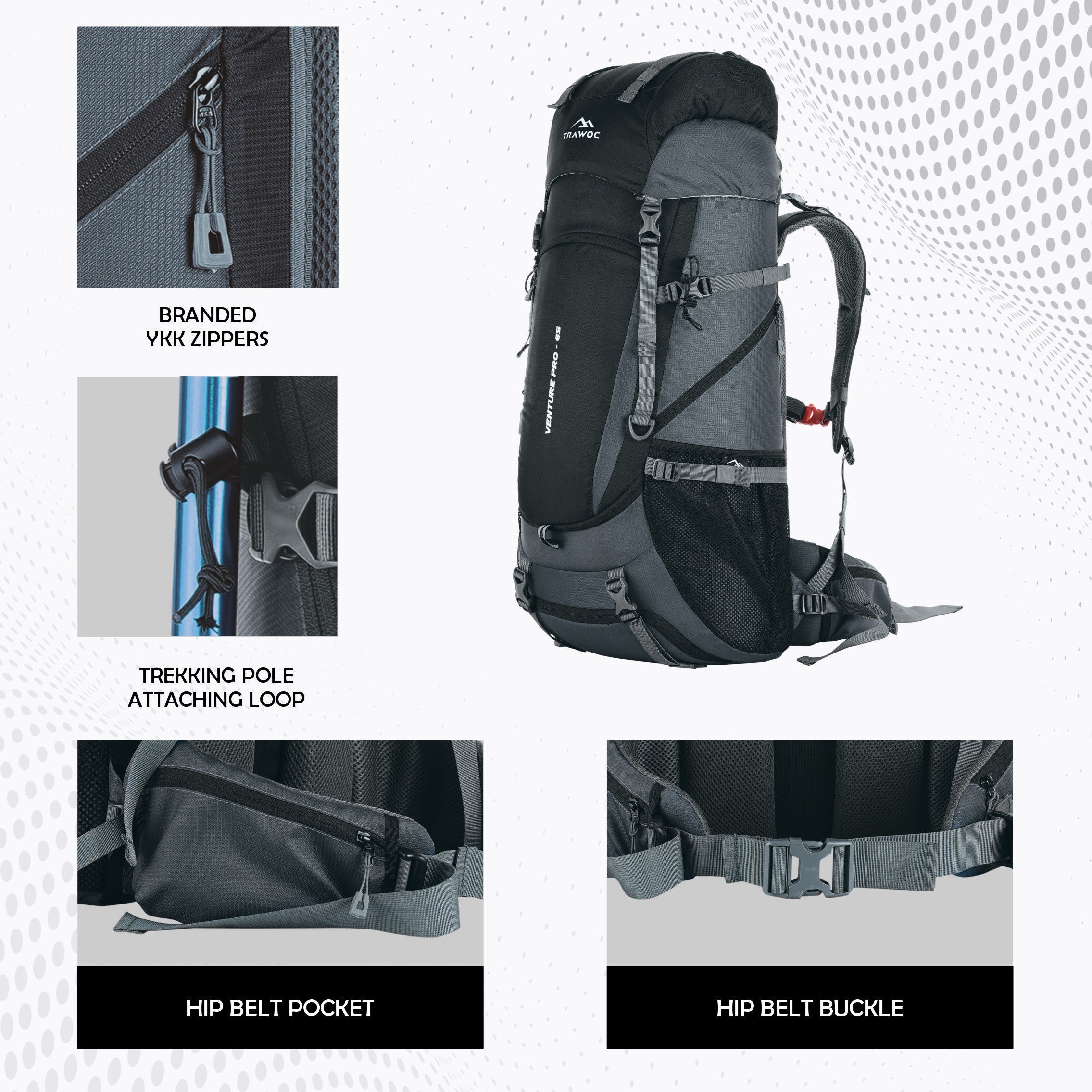 Venture Pro 65 L Travel Backpack with Rain Cover & with Laptop Compartment - Grey