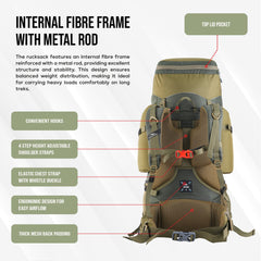 Globetrotter 80 L Trekking Bag with Rain Cover, Shoe section & internal metal frame - Olivegreen