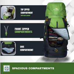 Aerofit 60L Rucksack with Multi-Pocket Design & Laptop Compartment, ideal for Hiking - Green