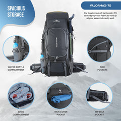 Valor Max 75 L Backpack with Ergonomic Shoulder Straps & Shoe Compartment-Grey