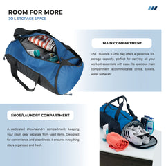 TMPB02 - 30L Gym, Sports & Travel Duffle , Unisex Duffel Bag with Shoe Compartment - EnglishBlue