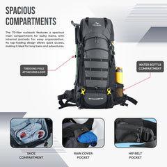 Skyranger 70 L Rucksack for Hiking & Travel with Ergonomic Shoulder Straps & Internal metal frame - Grey