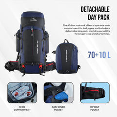 Globetrotter 80 L Trekking Bag with Rain Cover, Shoe section & internal metal frame - Navyblue