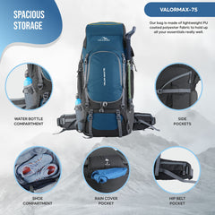 Valor Max 75 L Backpack with Ergonomic Shoulder Straps & Shoe Compartment-English Blue