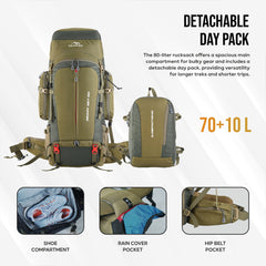 Globetrotter 80 L Trekking Bag with Rain Cover, Shoe section & internal metal frame - Olivegreen