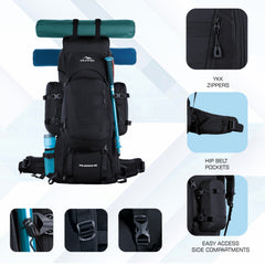 Wildwing 95L (80+15) Bag for Hiking & Travel with Shoe Compartment & Water-Resistant-Black