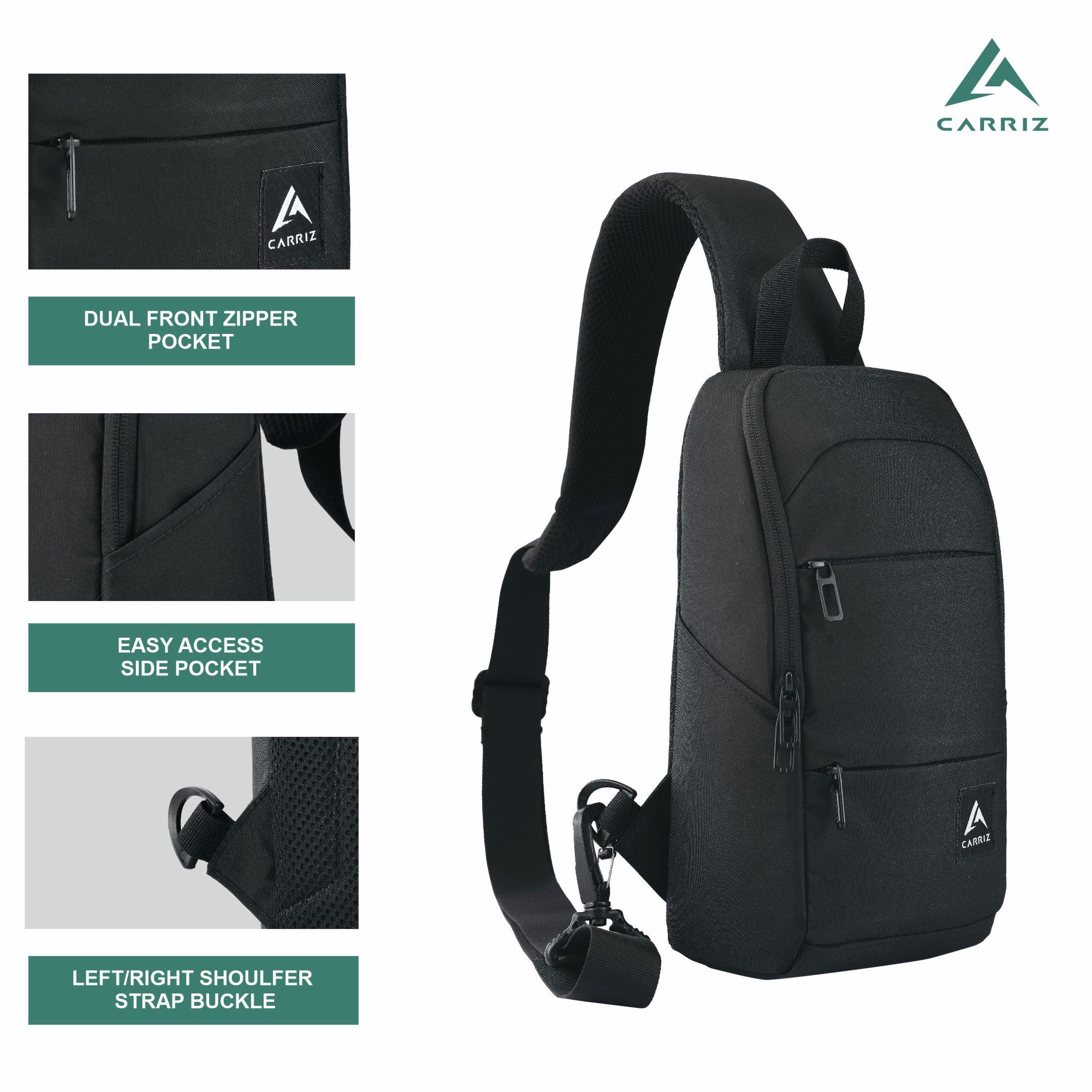 CARRIZ Versatile Sling Bag | Crossbody Travel & Hiking Daypack for Men & Women | Water Resistant | 2-Year Warranty (CRB01) - Black