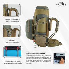 Globetrotter 80 L Trekking Bag with Rain Cover, Shoe section & internal metal frame - Olivegreen