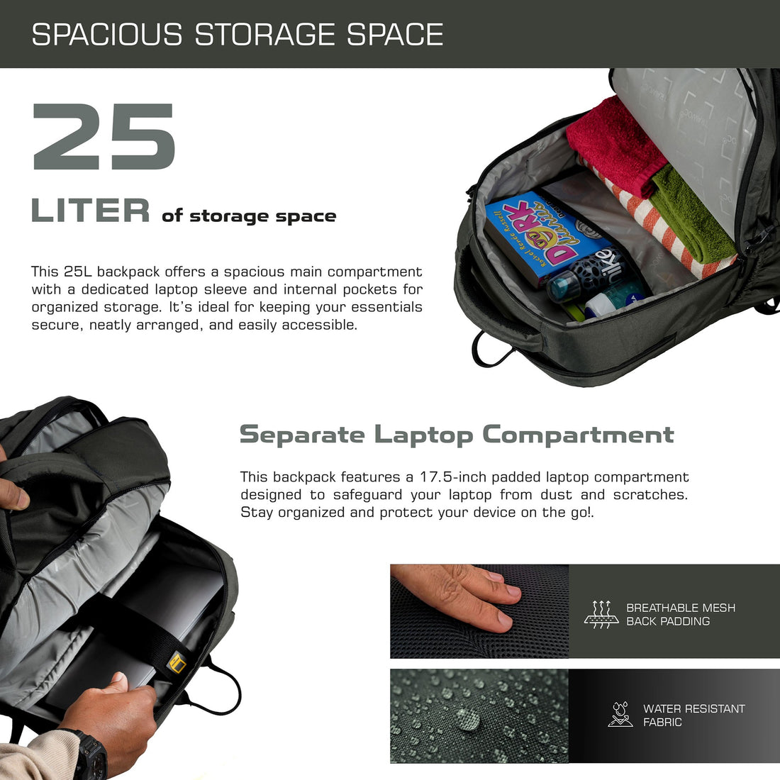 TPB02 - 25L Laptop Backpack with USB Charging Port for Men & Women-Uniform green