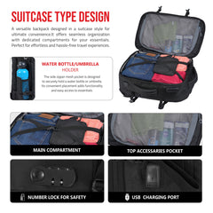 TPB01- 45L Laptop Bag with Anti-Theft Lock, Expandable Storage, USB Charging, Suitcase-Style Opening - Black