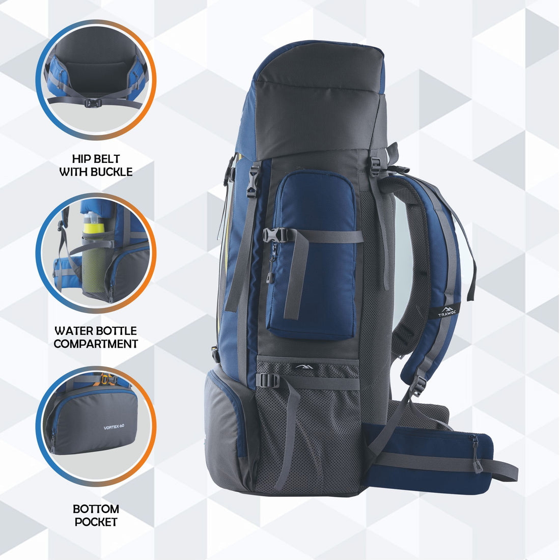 Vortex 60 L Travel Backpack with Laptop Compartment & Durable Zippers - Navy Blue