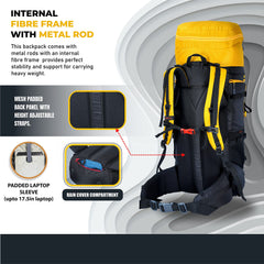 Aerofit 60L Rucksack with Multi-Pocket Design & Laptop Compartment, ideal for Hiking - Yellow