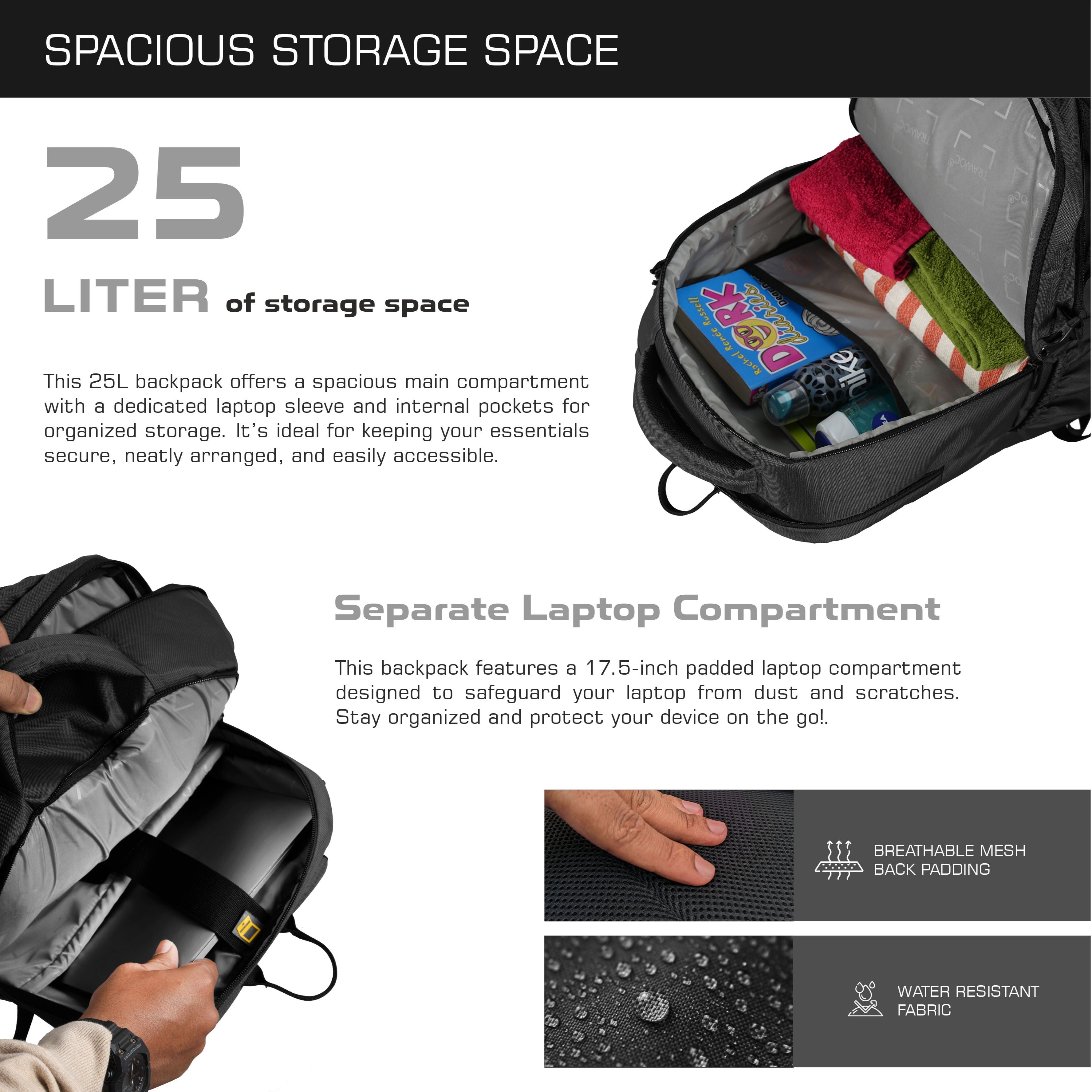 TPB02 - 25L Laptop Backpack with USB Charging Port for Men & Women - Black