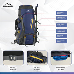 Aerostrike 70L Trekking Bag with Laptop Compartment & Rain Cover, ideal for Hiking - Navyblue