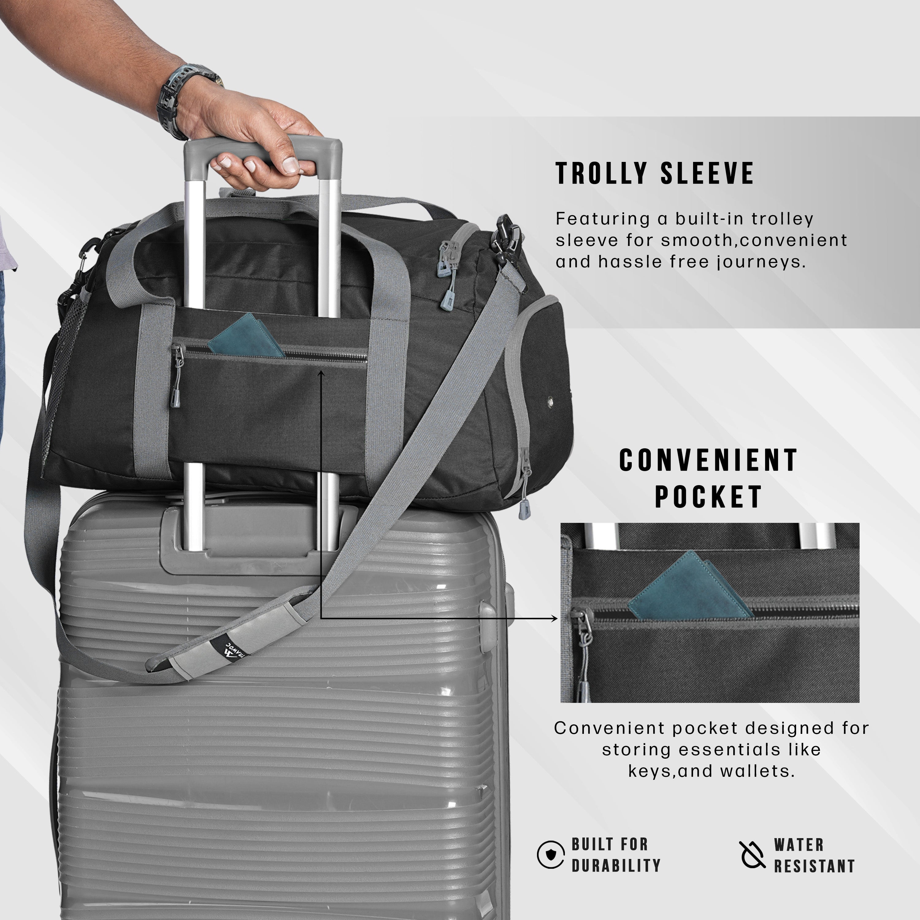 TMPB01 - 40L Duffle Bag, Travel Weekender Bag for men & women with Shoe Compartment, Water-Resistant - Black