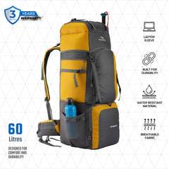 Stonex 60 L Backpack with Ergonomic Shoulder Straps & Lightweight Build, for men & women - Yellow