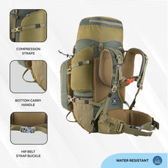 Globetrotter 80 L Trekking Bag with Rain Cover, Shoe section & internal metal frame - Olivegreen