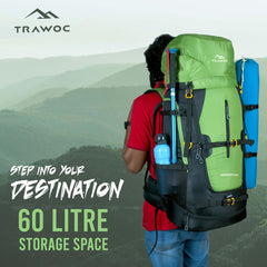 Aerofit 60L Rucksack with Multi-Pocket Design & Laptop Compartment, ideal for Hiking - Green