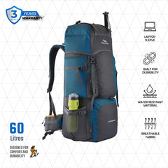 Stonex 60 L Backpack with Ergonomic Shoulder Straps & Lightweight Build, for men & women - Blue