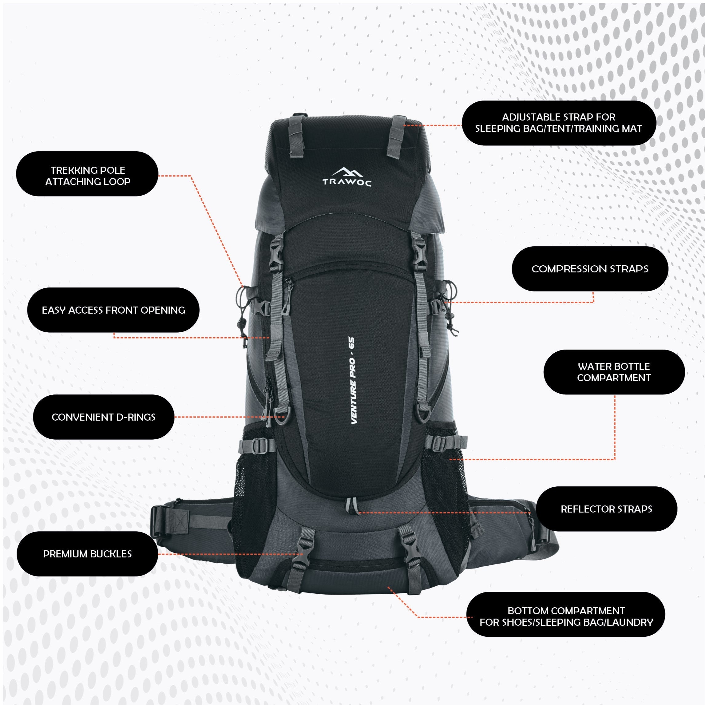 Venture Pro 65 L Travel Backpack with Rain Cover & with Laptop Compartment - Grey