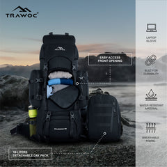 Wildwing 95L (80+15) Bag for Hiking & Travel with Shoe Compartment & Water-Resistant-Black