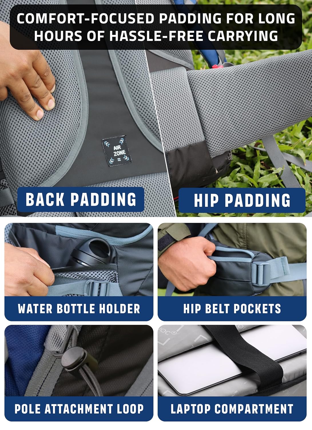 Valor Max 75 L Backpack with Ergonomic Shoulder Straps & Shoe Compartment - Navy Blue