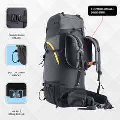 Skyranger 70 L Rucksack for Hiking & Travel with Ergonomic Shoulder Straps & Internal metal frame - Grey