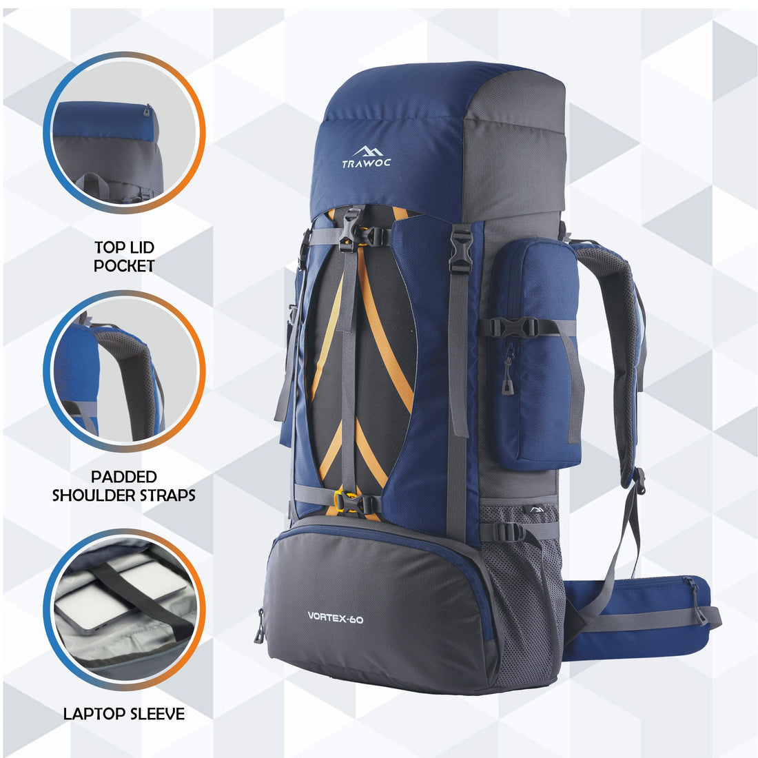 Vortex 60 L Travel Backpack with Laptop Compartment & Durable Zippers - Navy Blue