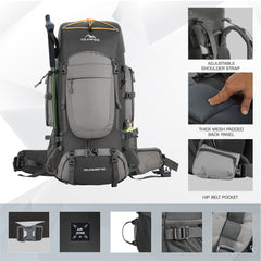 WILDQUEST 50L Travel Backpack with Laptop Compartment, Rain Cover, Shoe Compartment-grey