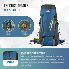 Aerostrike 70L Trekking Bag with Laptop Compartment & Rain Cover, ideal for Hiking - Englishblue