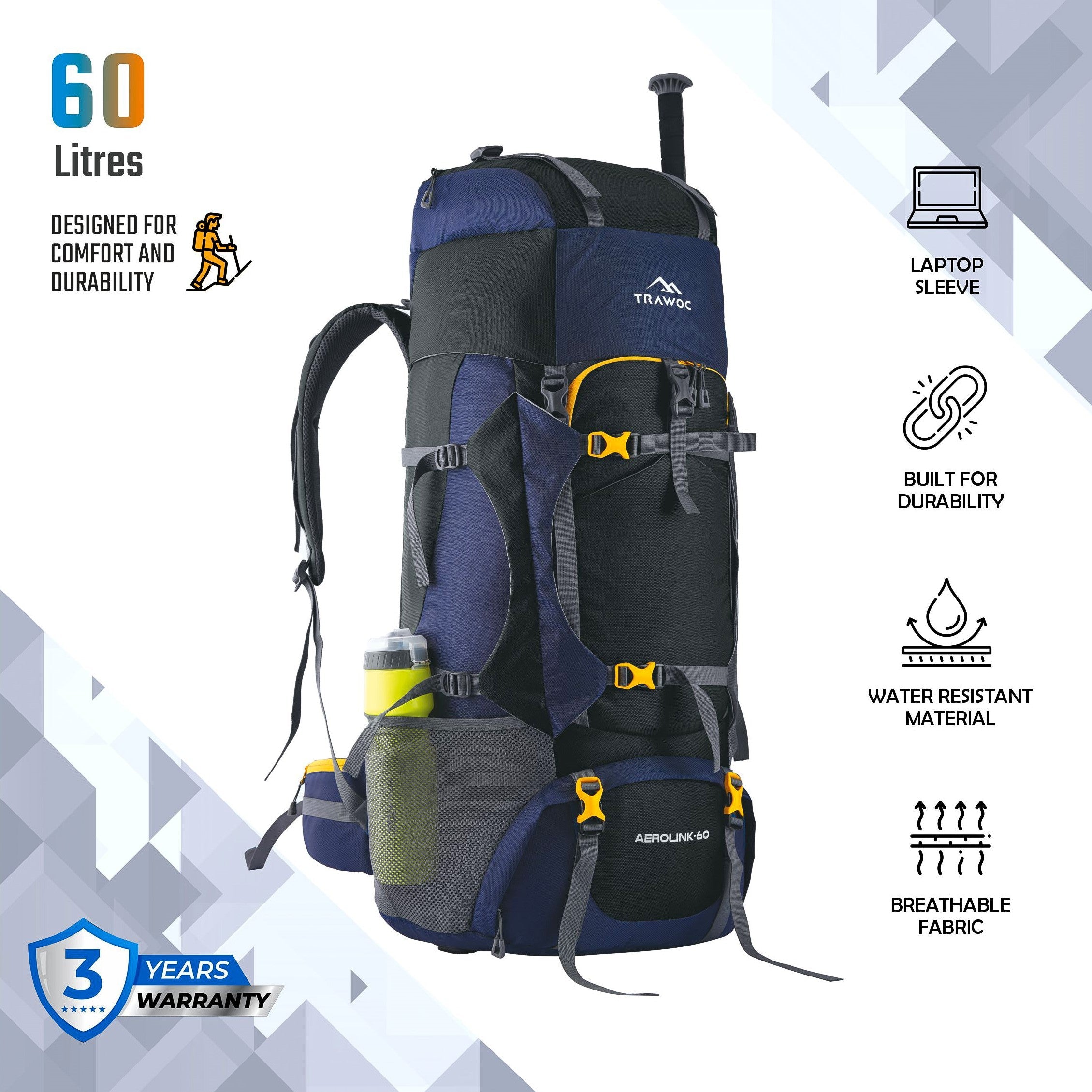 Aerolink 60 L Backpack with Lightweight Build & Water-Resistant Fabric - Black