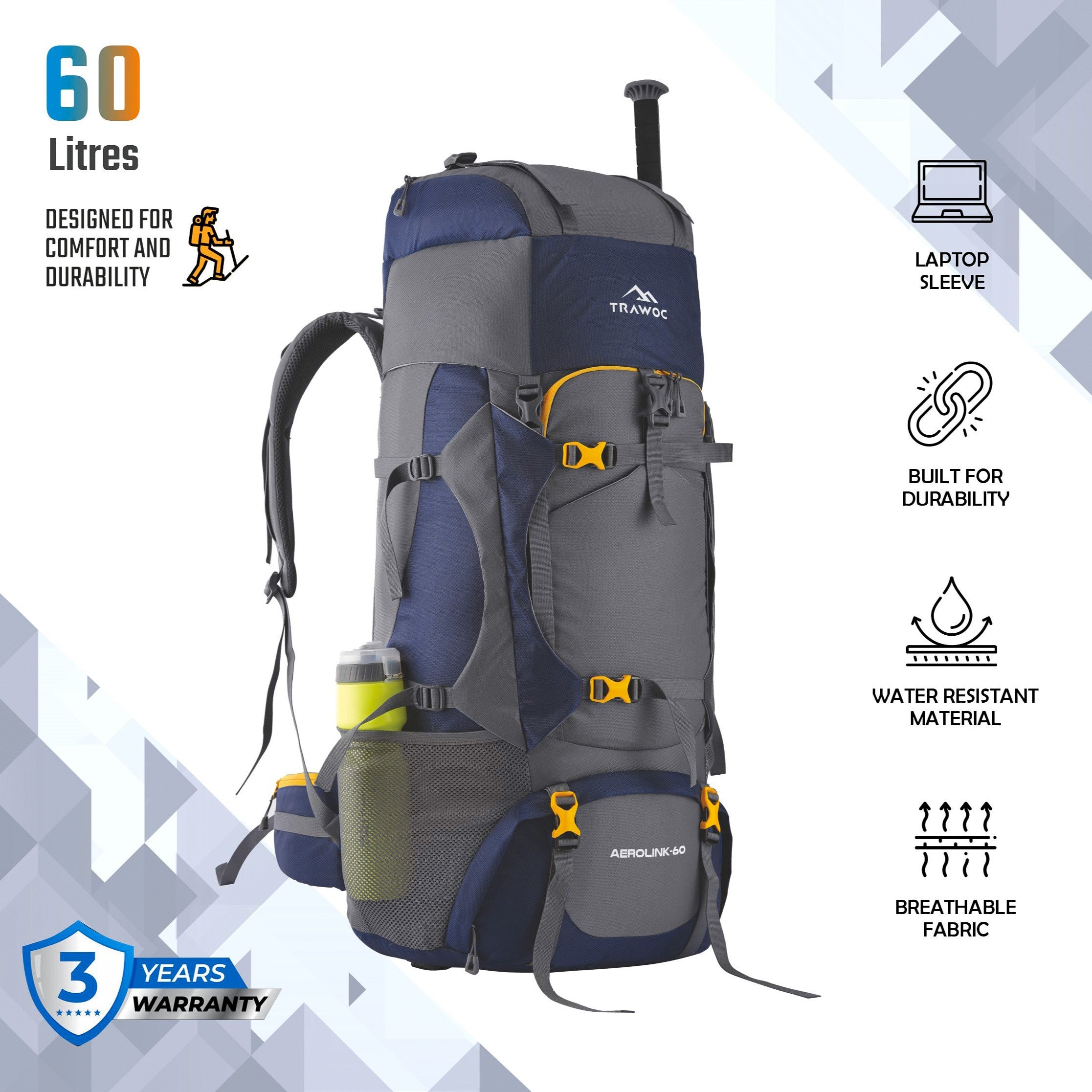 Aerolink 60 L Backpack with Lightweight Build & Water-Resistant Fabric - Grey