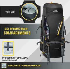 Aerostrike 70L Trekking Bag with Laptop Compartment & Rain Cover, ideal for Hiking - Black(clearance sale)