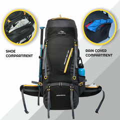 Aerostrike 70L Trekking Bag with Laptop Compartment & Rain Cover, ideal for Hiking - Black(clearance sale)