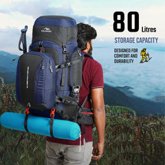 Globetrotter 80 L Trekking Bag with Rain Cover, Shoe section & internal metal frame - Navyblue