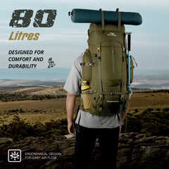 EXPEDITION 80L Rucksack with shoe compartment & Rain Cover - Olivegreen