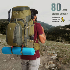 Globetrotter 80 L Trekking Bag with Rain Cover, Shoe section & internal metal frame - Olivegreen
