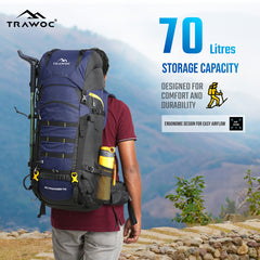 Skyranger 70 L Rucksack for Hiking & Travel with Ergonomic Shoulder Straps & Internal metal frame - NavyBlue