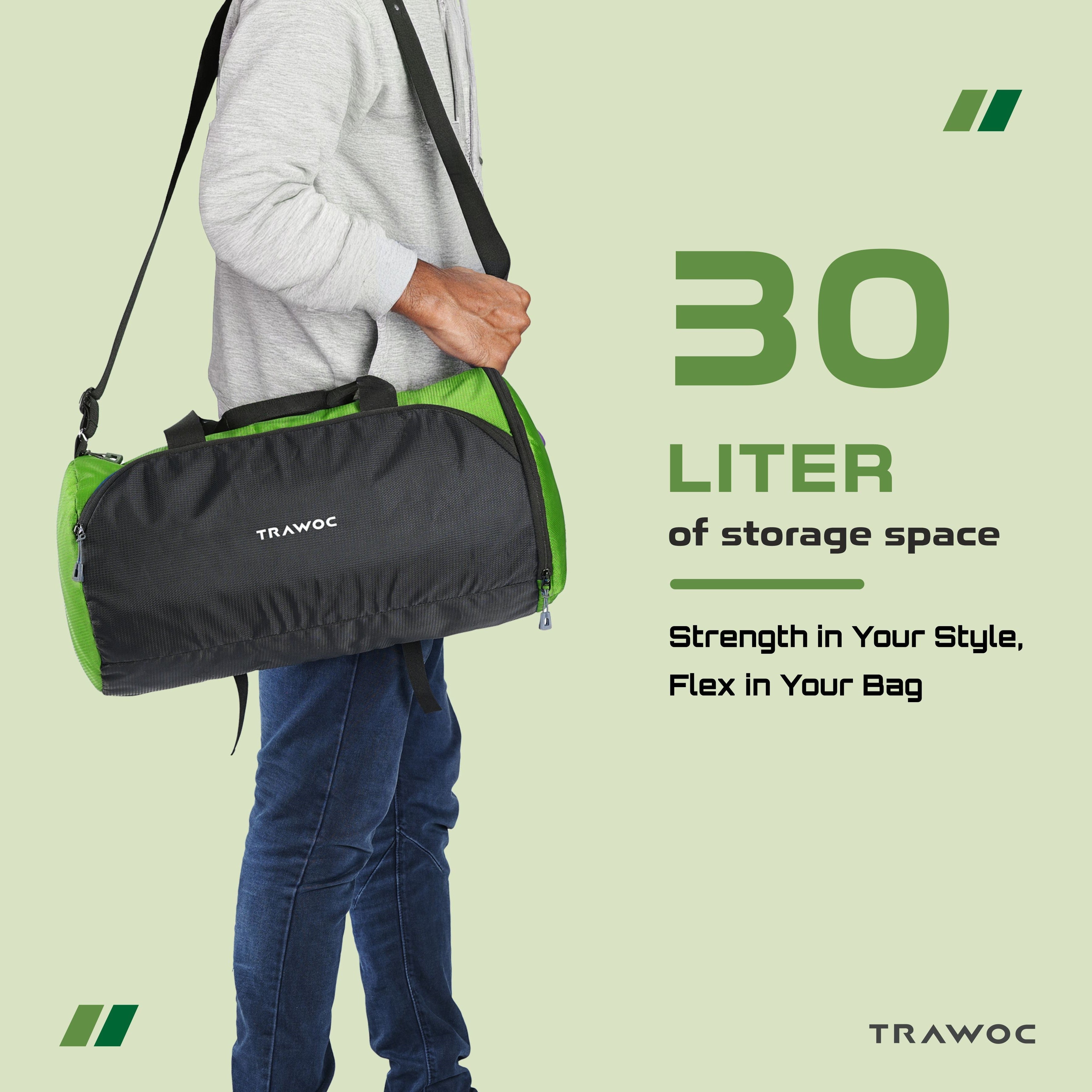 TMPB02 - 30L Gym, Sports & Travel Duffle , Unisex Duffel Bag with Shoe Compartment - Green